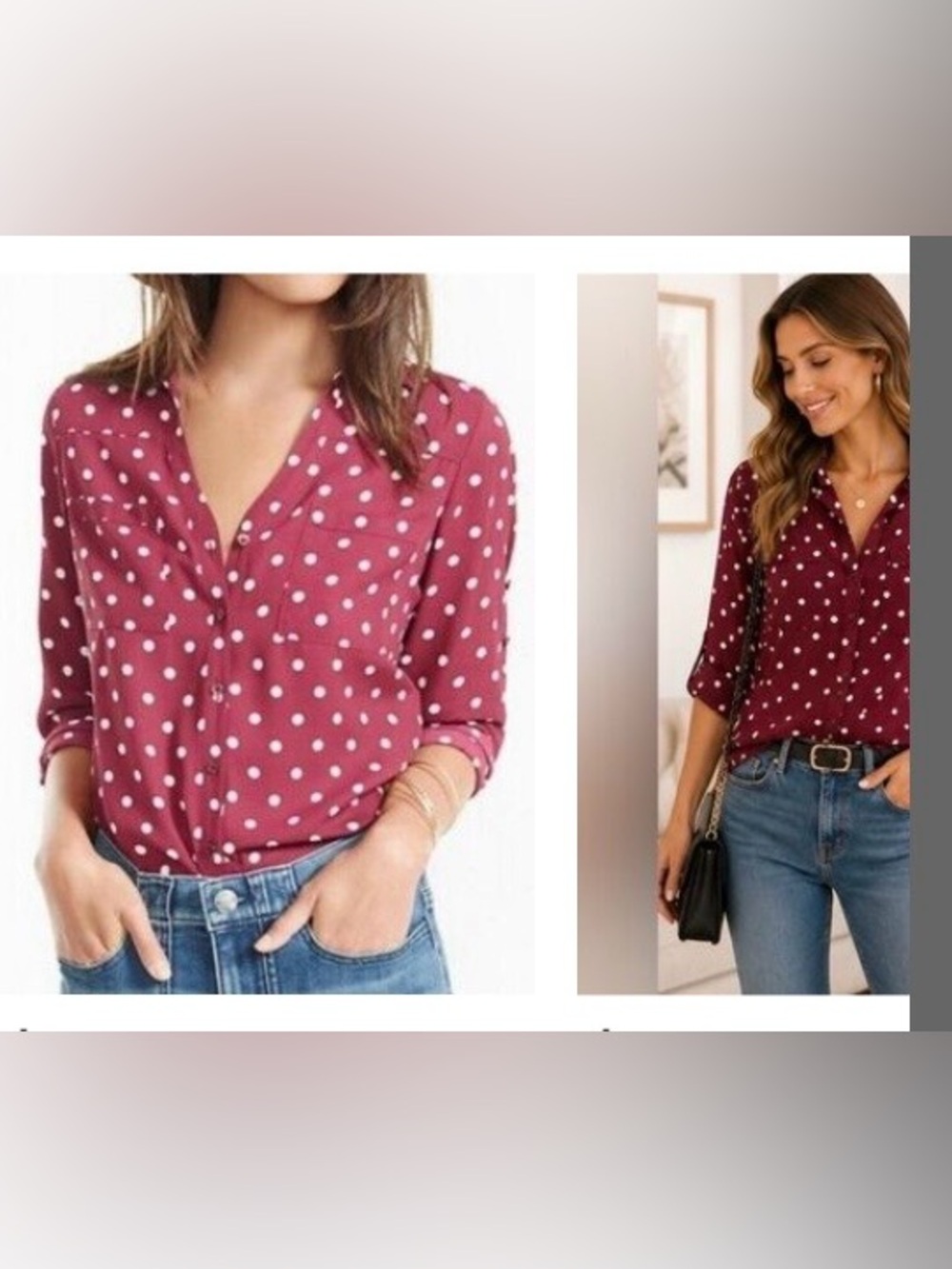 Express Portofino Blouse Top Shirt Medium Maroon with polka dots Burgundy Wine M